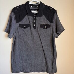 Guess Mens Striped Polo Shirt Black White Short Sleeve Epaulettes L Metal Accent